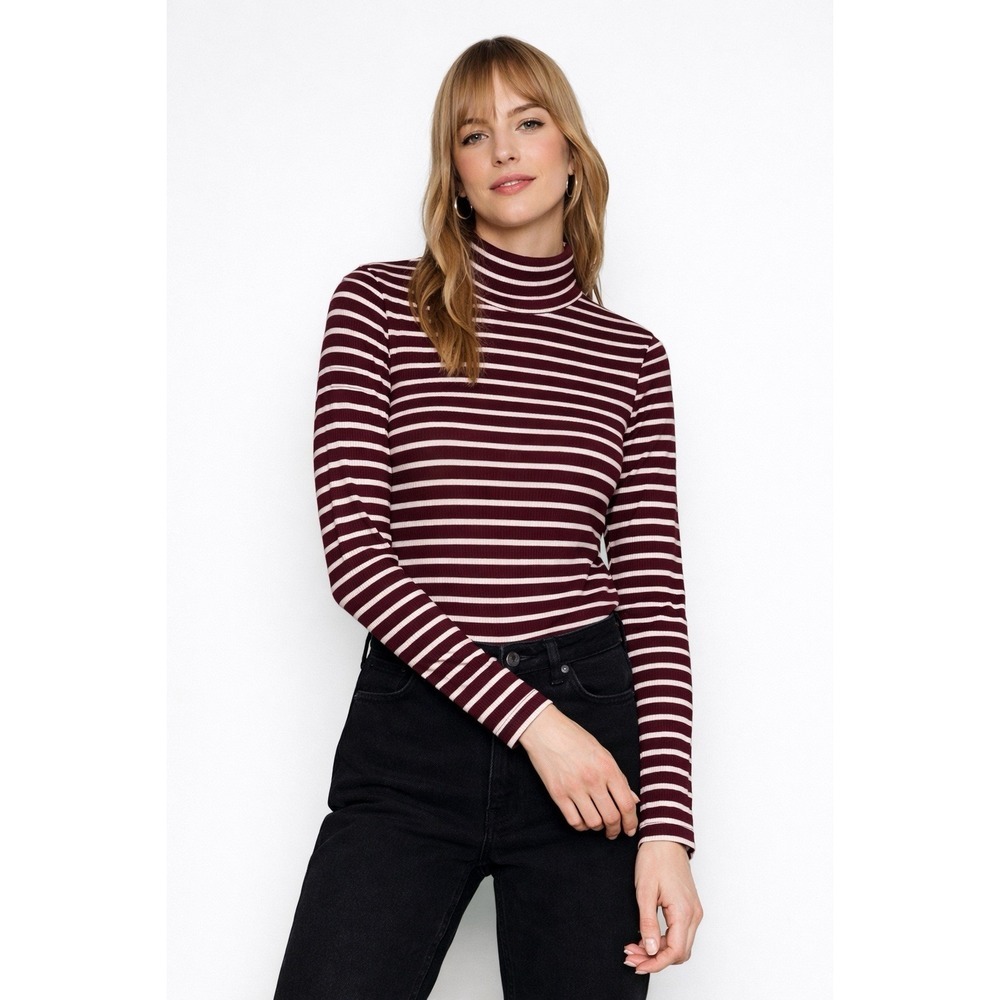 Ambiance Women's Mock Neck Striped Ribbed Knit Top Burgundy White Size M